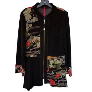 IC by Connie K Vintage Black Crepe w Asian Inspired Patchwork Long Jacket size M